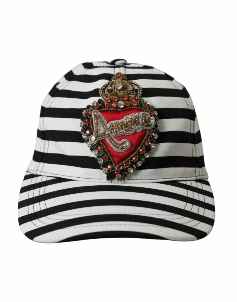 Dolce & Gabbana Black White Stripe Amore Heart Applique Baseball Hat - Image 2