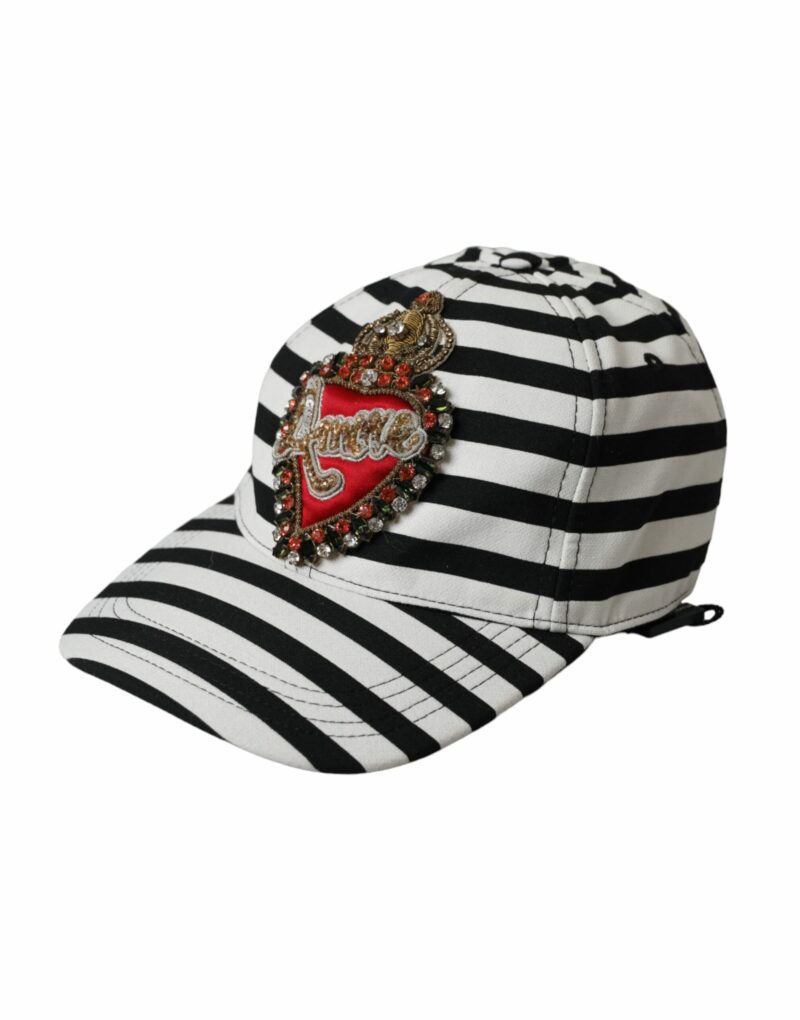 Dolce & Gabbana Black White Stripe Amore Heart Applique Baseball Hat - Image 3