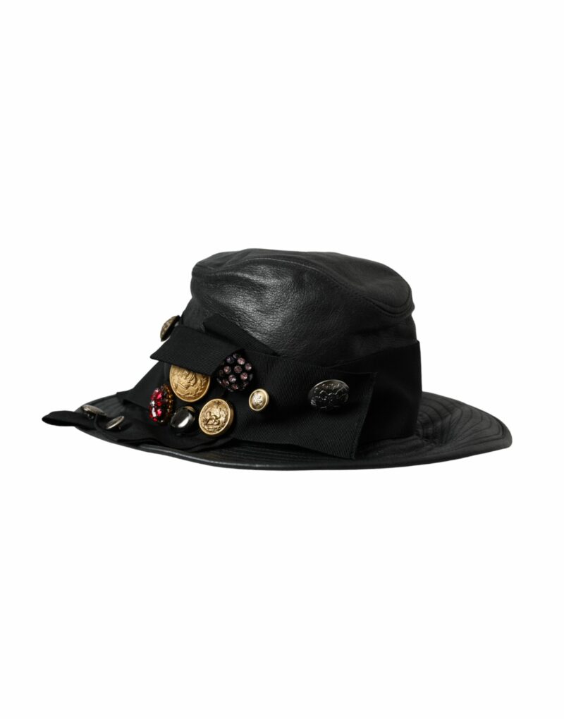 Dolce & Gabbana Black Leather DG Coin Crystal Wide Brim Hat - Image 3