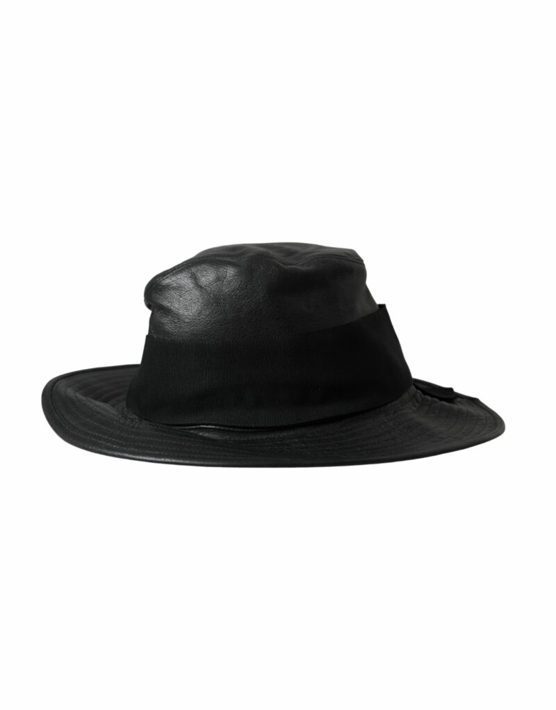 Dolce & Gabbana Black Leather DG Coin Crystal Wide Brim Hat - Image 4