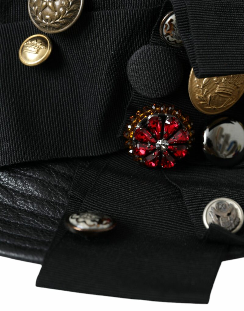 Dolce & Gabbana Black Leather DG Coin Crystal Wide Brim Hat - Image 5