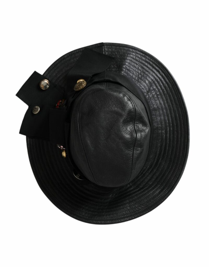Dolce & Gabbana Black Leather DG Coin Crystal Wide Brim Hat - Image 6