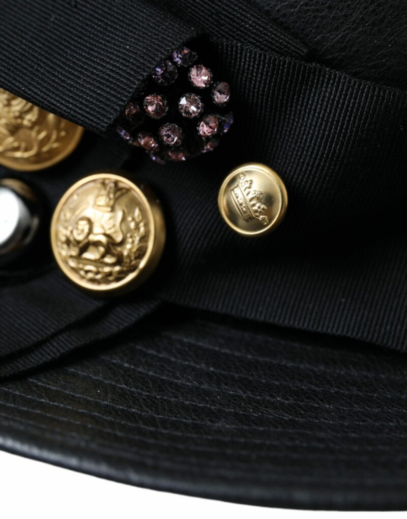 Dolce & Gabbana Black Leather DG Coin Crystal Wide Brim Hat - Image 7