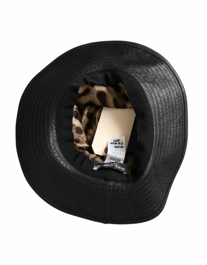 Dolce & Gabbana Black Leather DG Coin Crystal Wide Brim Hat - Image 8
