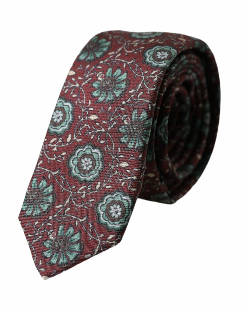 Dolce & Gabbana Maroon Floral 100% Silk Adjustable Men Tie - Image 2