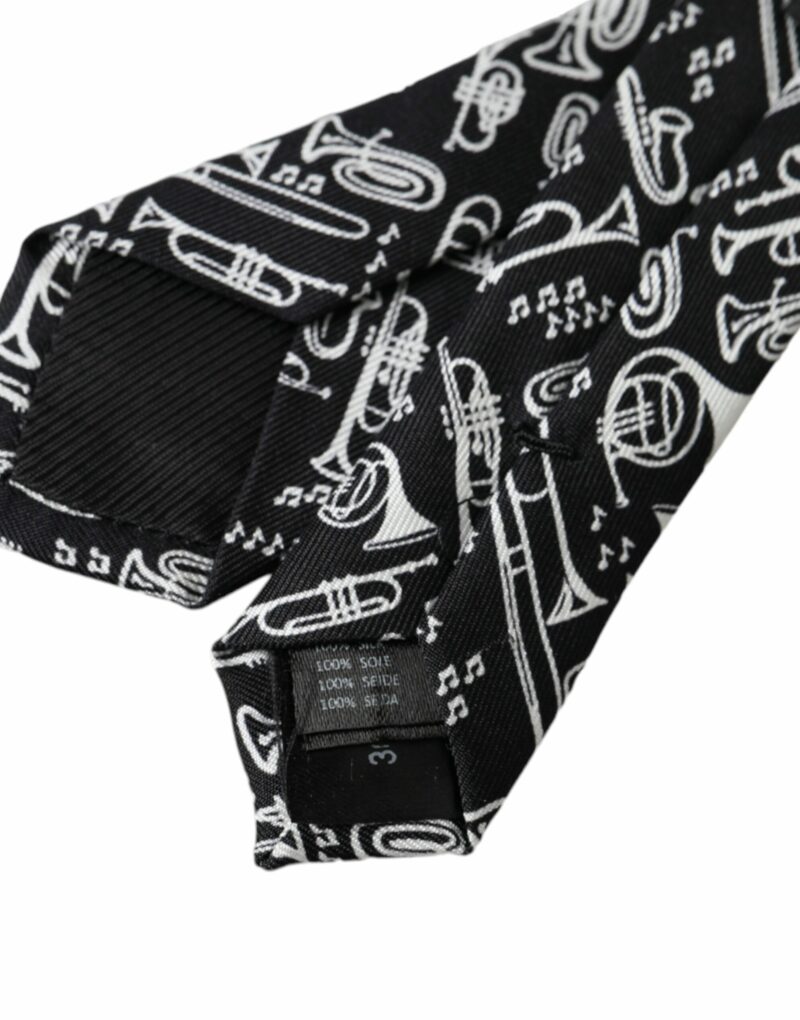 Dolce & Gabbana Black Trumpet Print Silk Adjustable Tie - Image 3