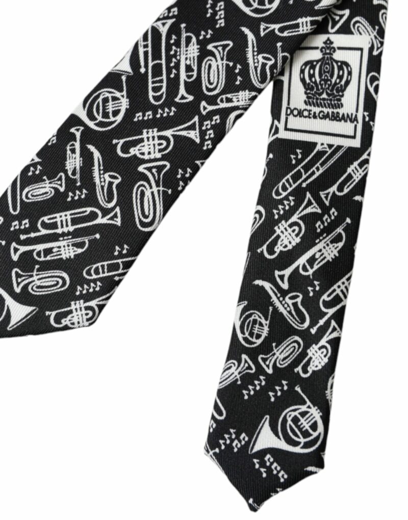 Dolce & Gabbana Black Trumpet Print Silk Adjustable Tie - Image 4