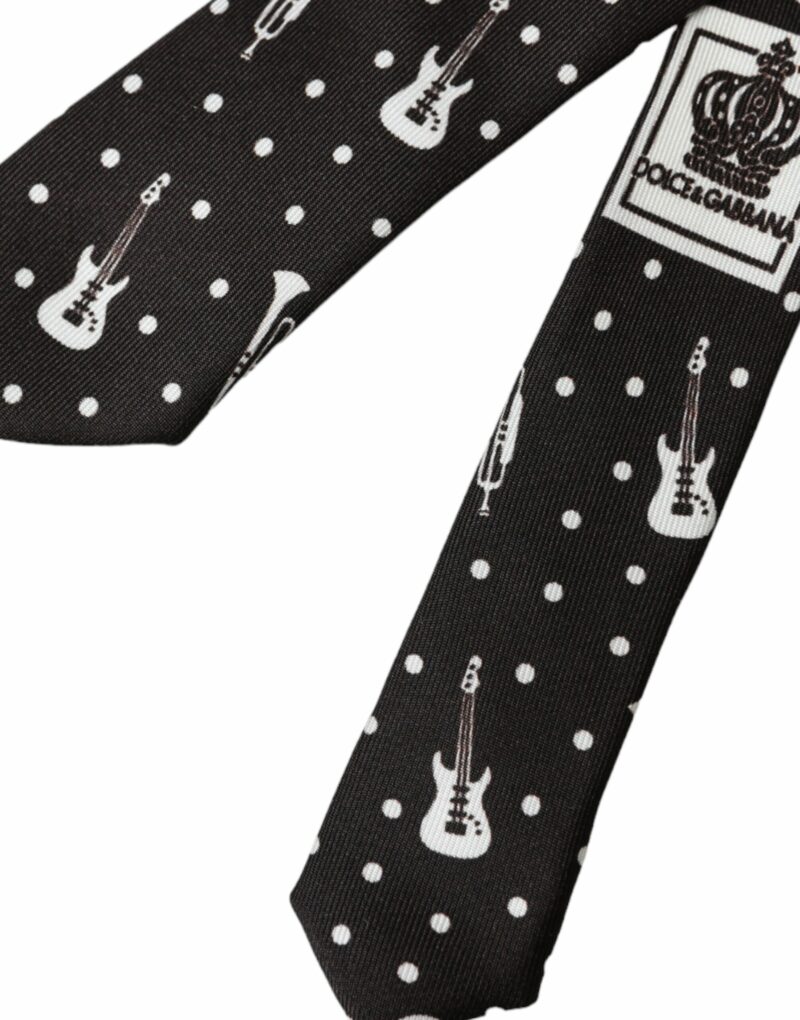 Dolce & Gabbana Black Guitar Print Silk Adjustable Tie - Image 5