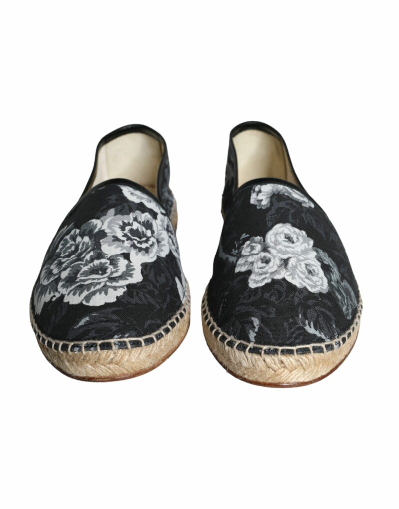 Dolce & Gabbana Black Floral Cotton Leather Espadrilles Shoes - Image 2