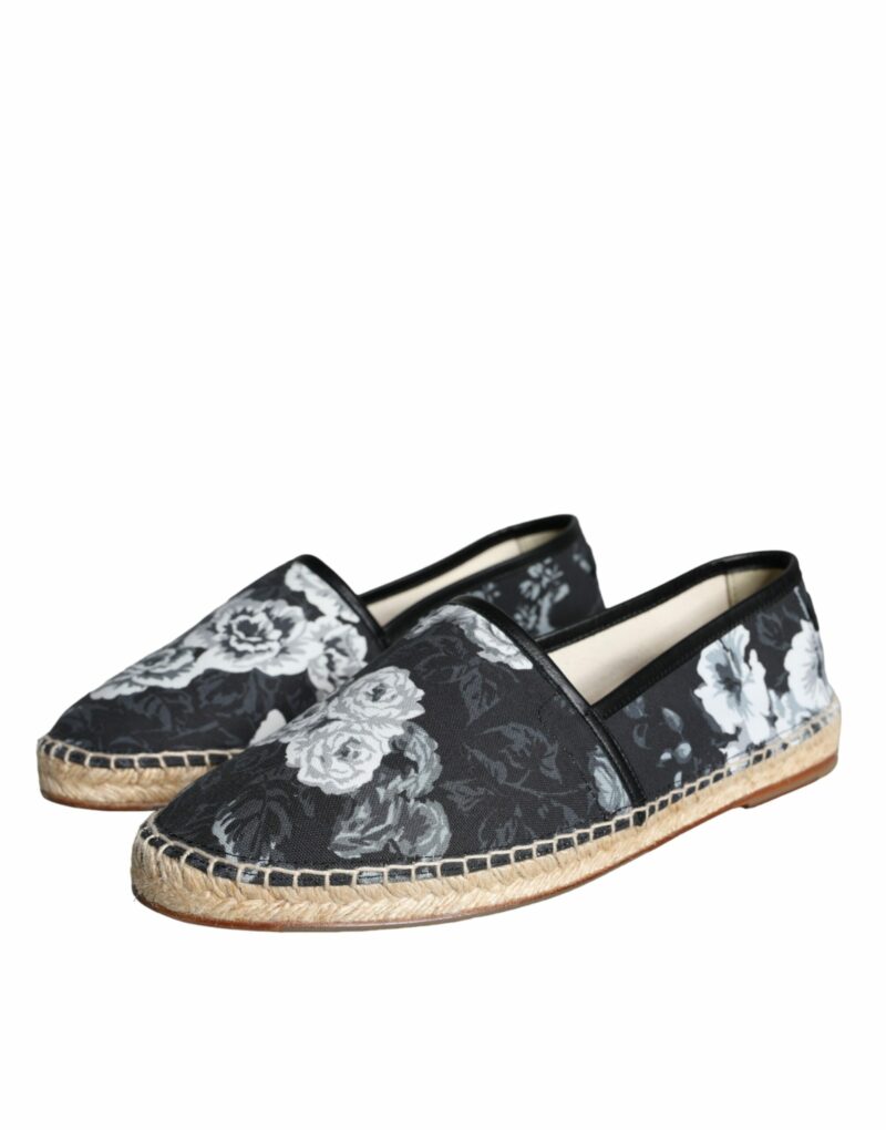 Dolce & Gabbana Black Floral Cotton Leather Espadrilles Shoes - Image 3