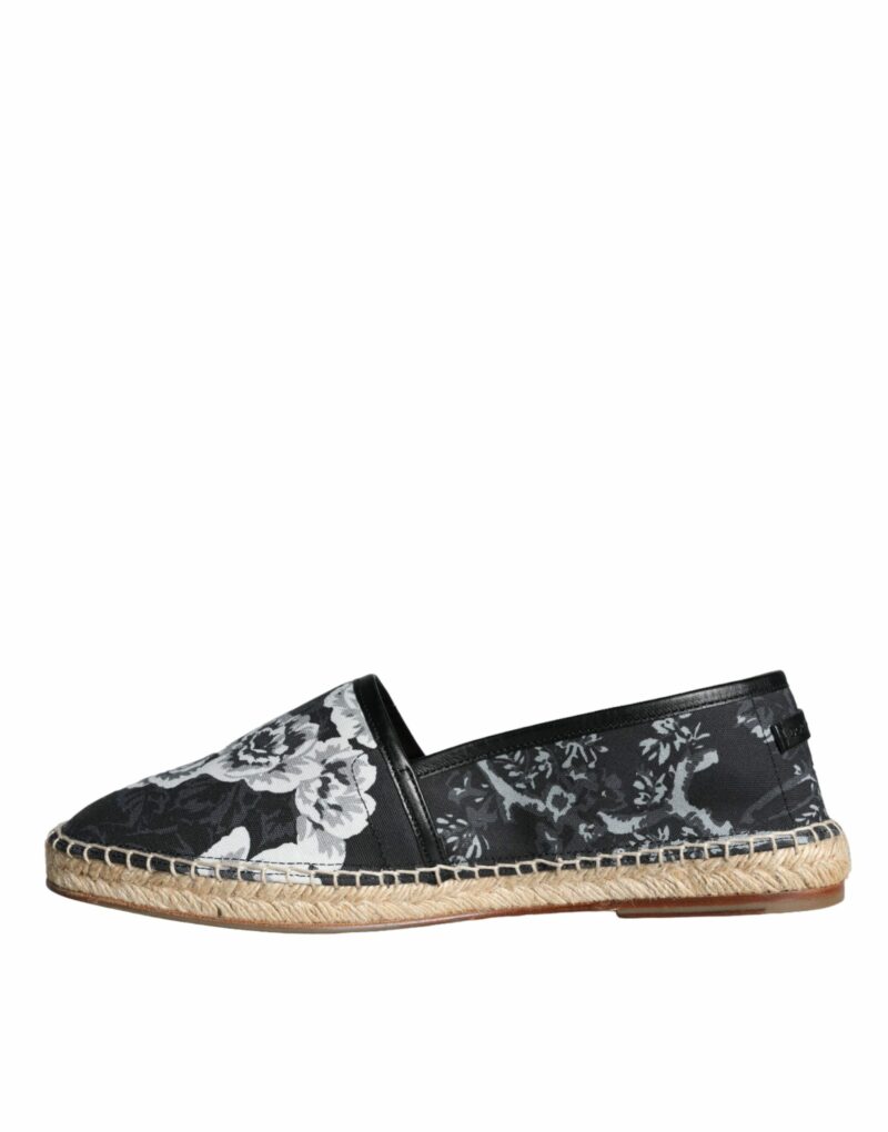 Dolce & Gabbana Black Floral Cotton Leather Espadrilles Shoes - Image 5
