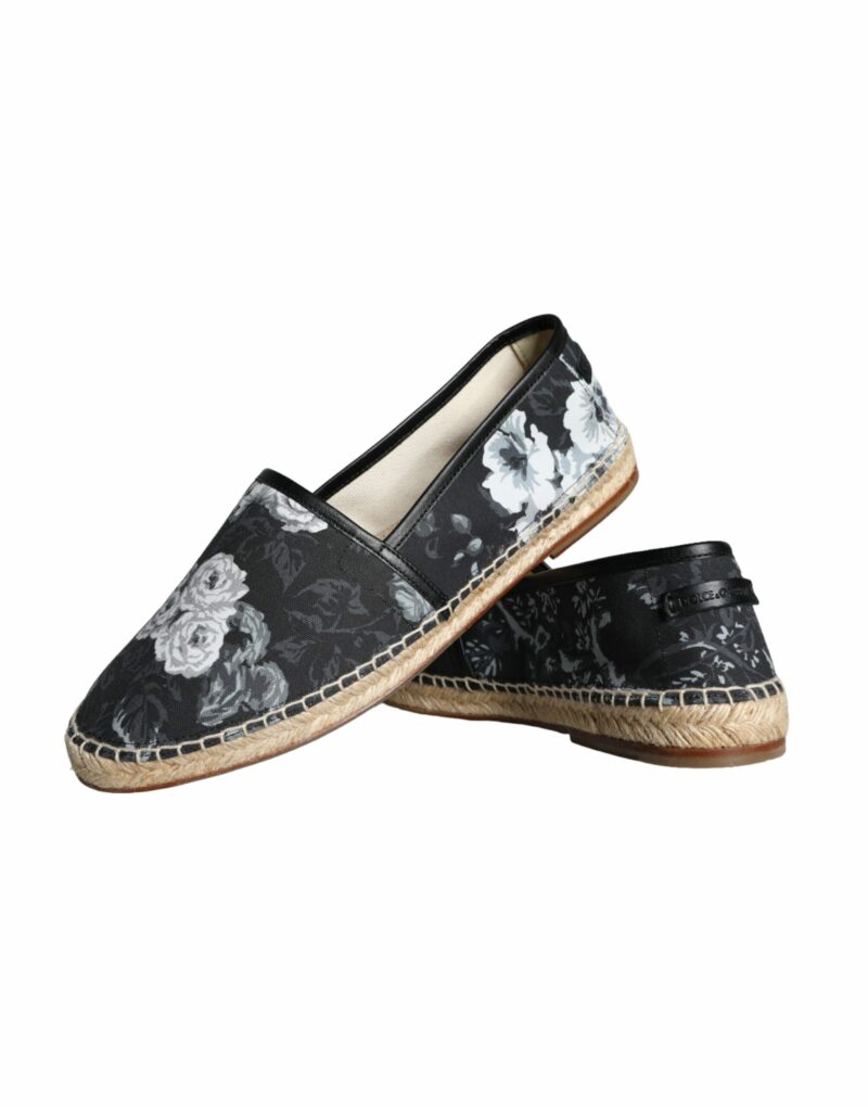 Dolce & Gabbana Black Floral Cotton Leather Espadrilles Shoes - Image 7