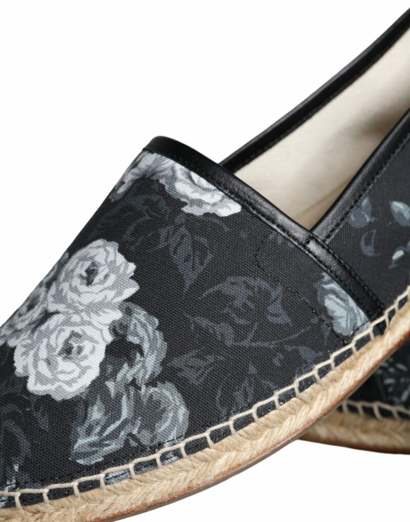 Dolce & Gabbana Black Floral Cotton Leather Espadrilles Shoes - Image 8