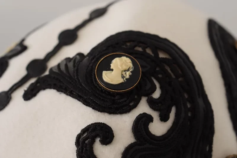 Dolce & Gabbana White Black Wool Embroidered Cameo Brooch Hat - Image 5