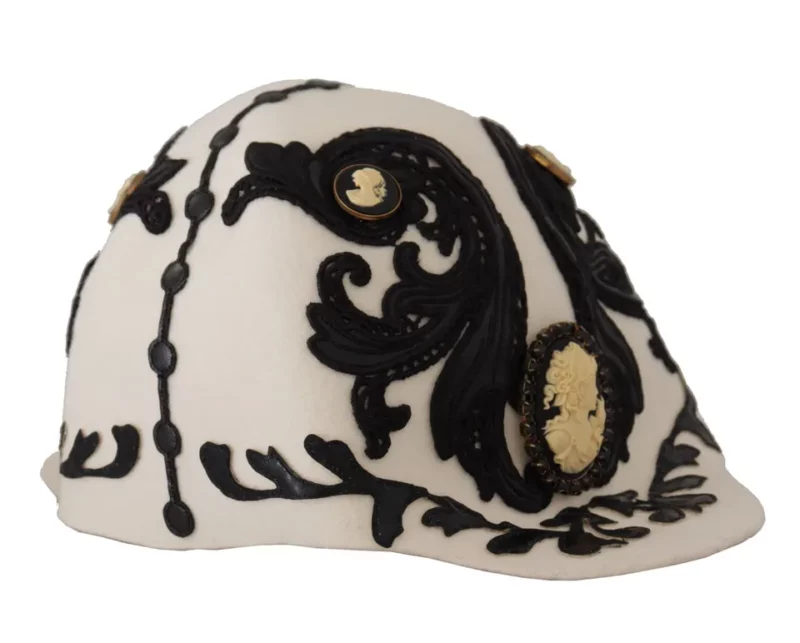 Dolce & Gabbana White Black Wool Embroidered Cameo Brooch Hat - Image 2