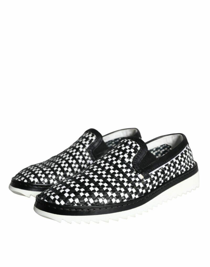 Dolce & Gabbana Black White Weaved Slip On Men Loafers Shoes - Image 3