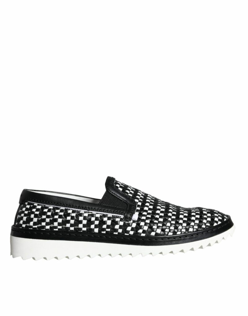 Dolce & Gabbana Black White Weaved Slip On Men Loafers Shoes - Image 5