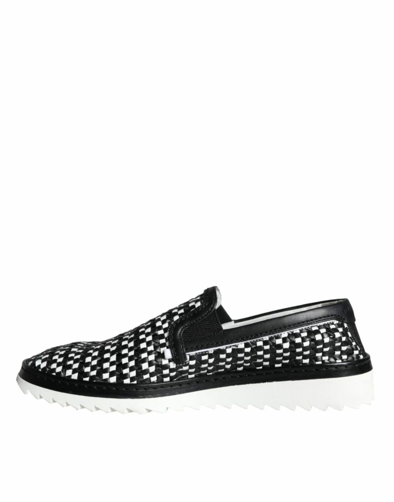 Dolce & Gabbana Black White Weaved Slip On Men Loafers Shoes - Image 6