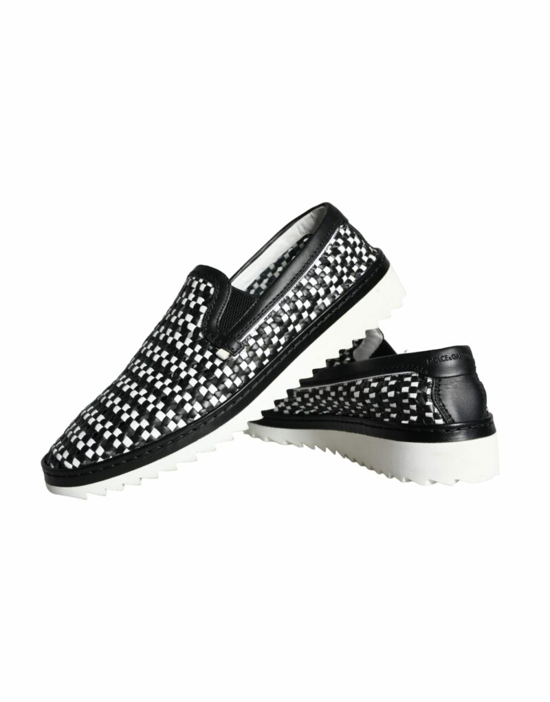 Dolce & Gabbana Black White Weaved Slip On Men Loafers Shoes - Image 8