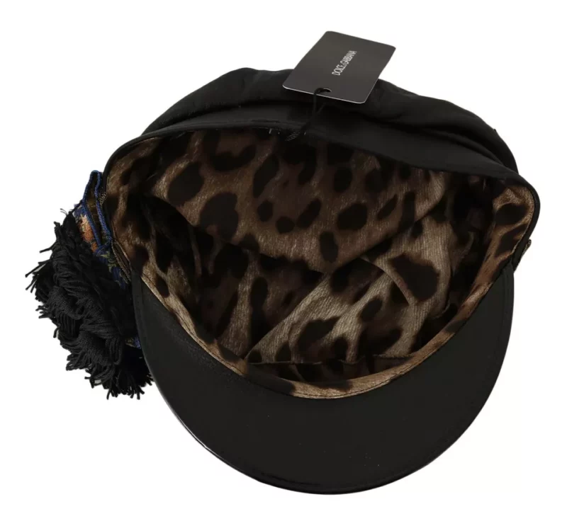 Dolce & Gabbana Black Leather Crystal Beads Gold Ribbon Fiddler Cap - Image 3