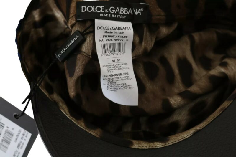 Dolce & Gabbana Black Leather Crystal Beads Gold Ribbon Fiddler Cap - Image 5