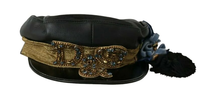 Dolce & Gabbana Black Leather Crystal Beads Gold Ribbon Fiddler Cap - Image 2