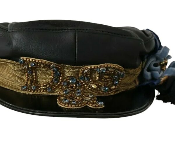 Dolce & Gabbana Black Leather Crystal Beads Gold Ribbon Fiddler Cap