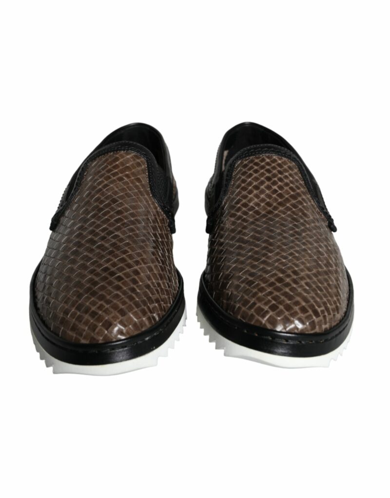 Dolce & Gabbana Brown Black Leather Weaved Men Loafers Shoes - Image 2