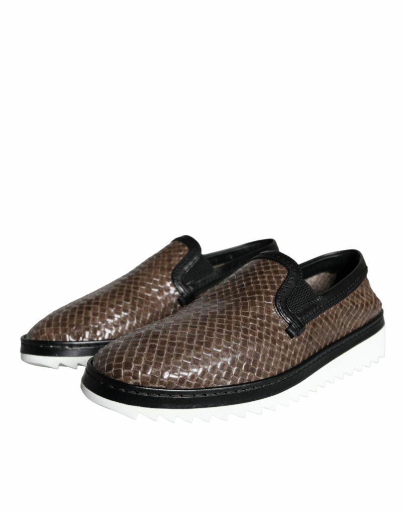 Dolce & Gabbana Brown Black Leather Weaved Men Loafers Shoes - Image 3