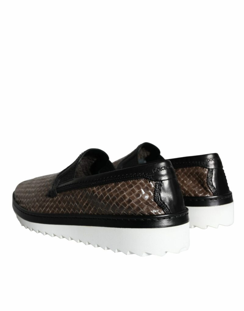 Dolce & Gabbana Brown Black Leather Weaved Men Loafers Shoes - Image 4