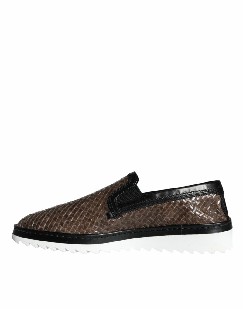 Dolce & Gabbana Brown Black Leather Weaved Men Loafers Shoes - Image 5