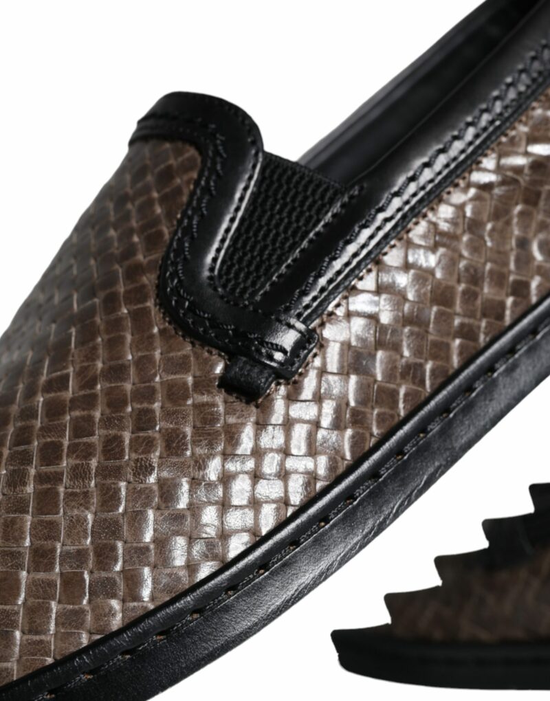 Dolce & Gabbana Brown Black Leather Weaved Men Loafers Shoes - Image 8