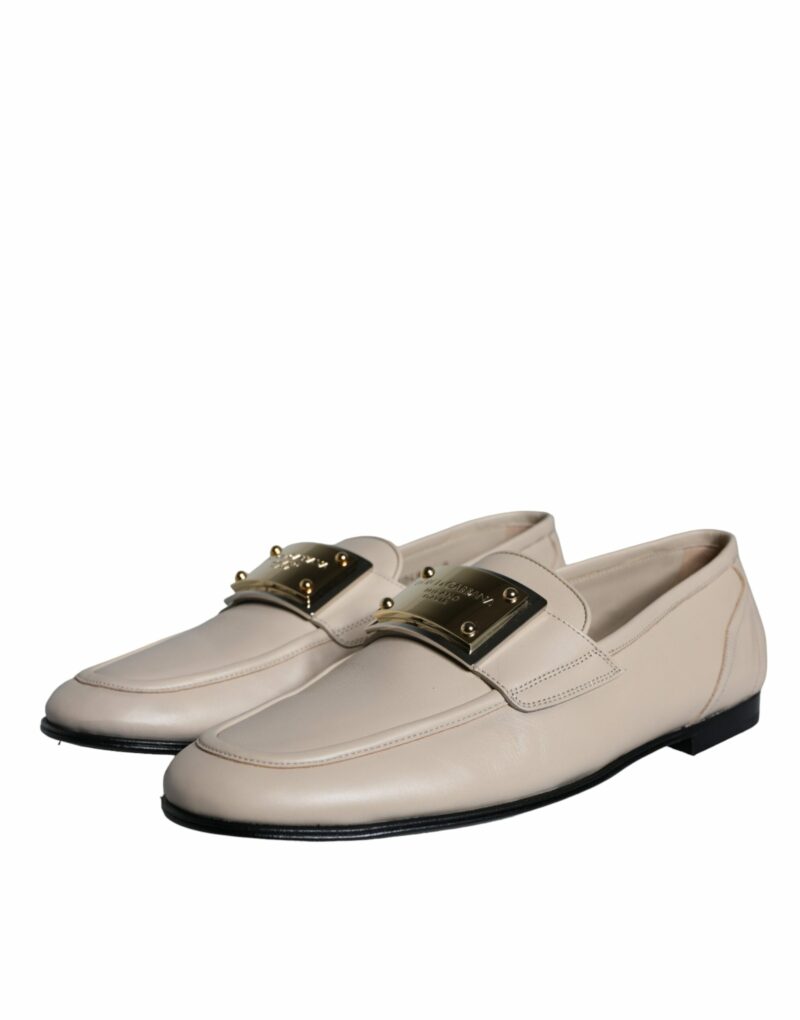 Dolce & Gabbana Beige Leather Logo Plaque Slip On Men Loafers Shoes - Image 4