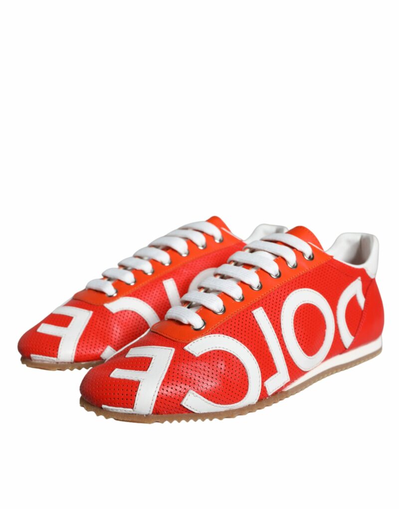Dolce & Gabbana Red White Leather Logo Casual Sneakers Shoes - Image 3