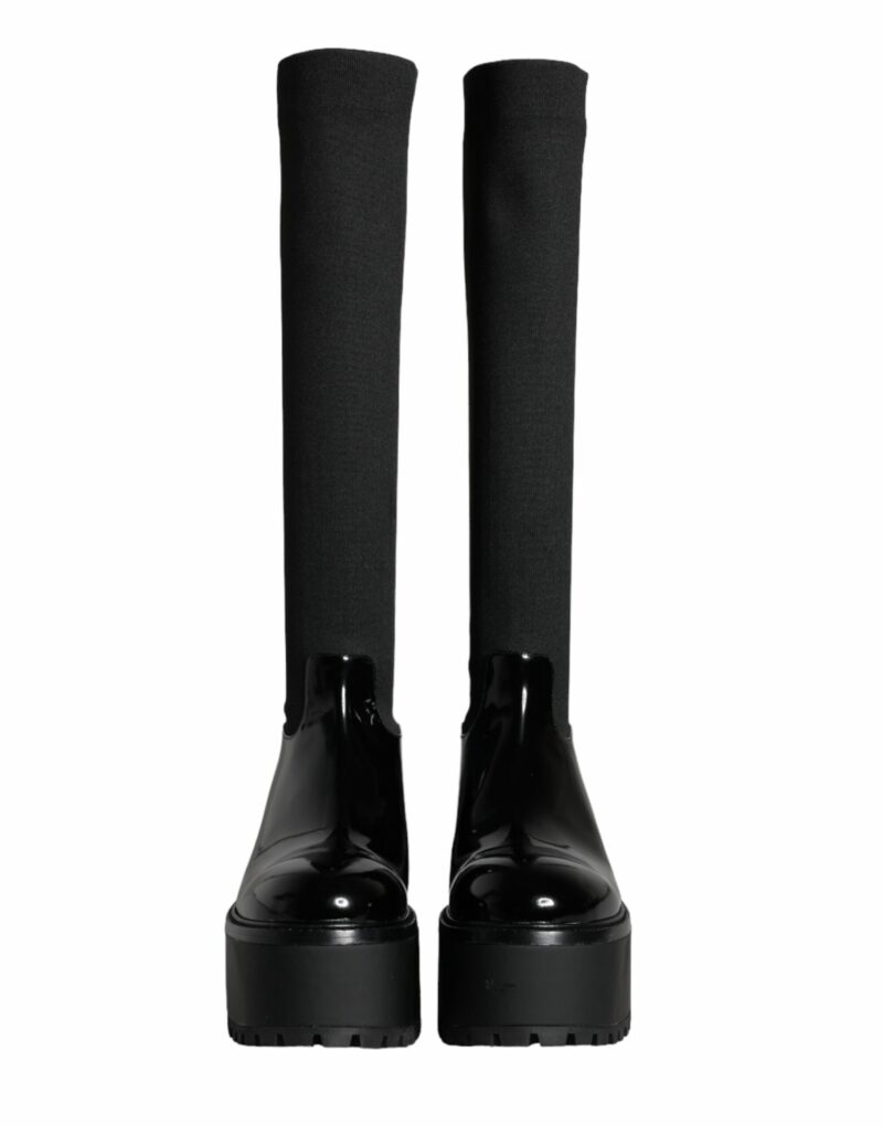 Dolce & Gabbana Black Leather Jersey Knee High Boots Shoes - Image 2
