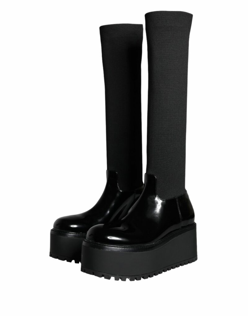 Dolce & Gabbana Black Leather Jersey Knee High Boots Shoes - Image 3