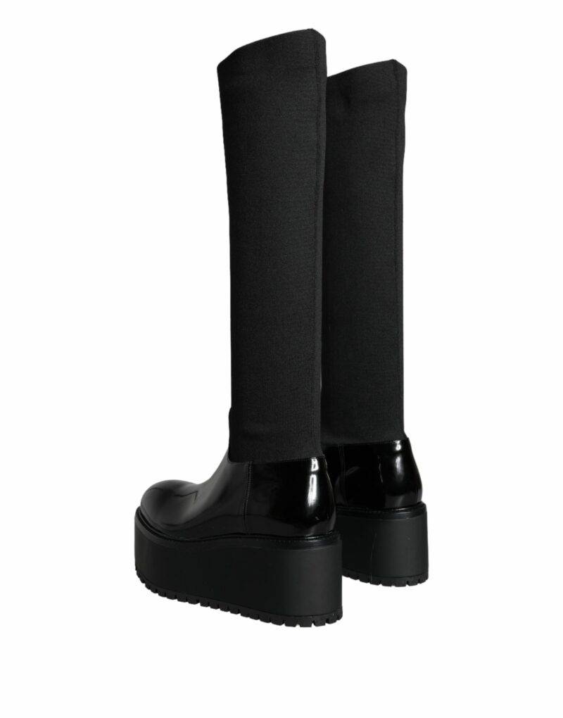 Dolce & Gabbana Black Leather Jersey Knee High Boots Shoes - Image 4