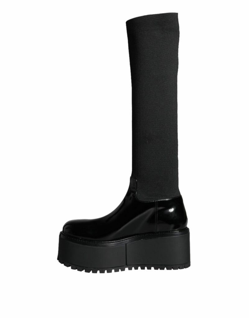 Dolce & Gabbana Black Leather Jersey Knee High Boots Shoes - Image 5