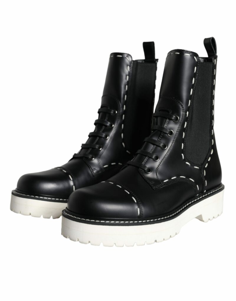 Dolce & Gabbana Black Leather Combat Mid Calf Boots Shoes - Image 3