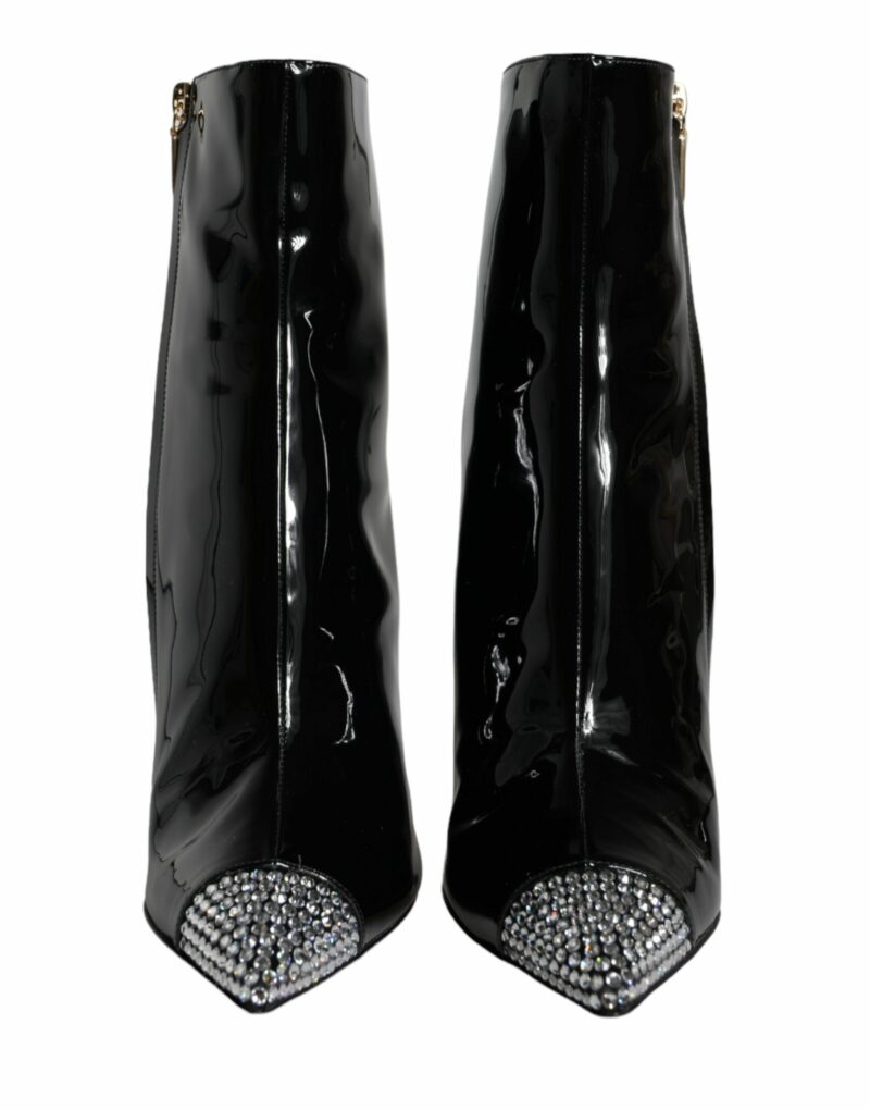 Dolce & Gabbana Black Patent Leather Crystal Heel Boots Shoes - Image 2