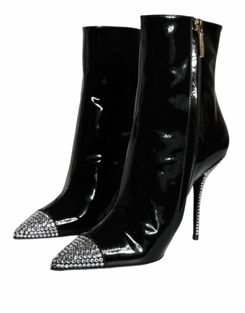 Dolce & Gabbana Black Patent Leather Crystal Heel Boots Shoes - Image 3