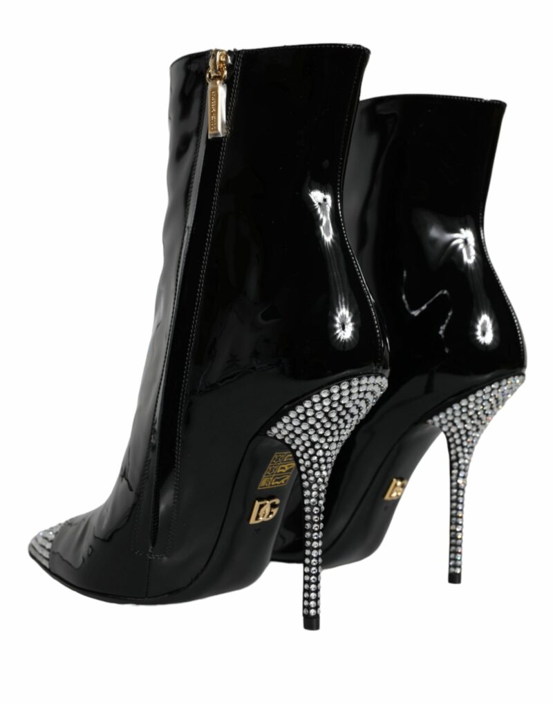Dolce & Gabbana Black Patent Leather Crystal Heel Boots Shoes - Image 4