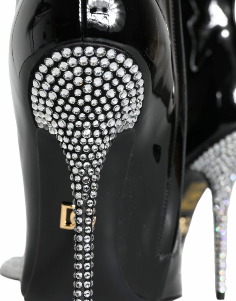 Dolce & Gabbana Black Patent Leather Crystal Heel Boots Shoes - Image 7
