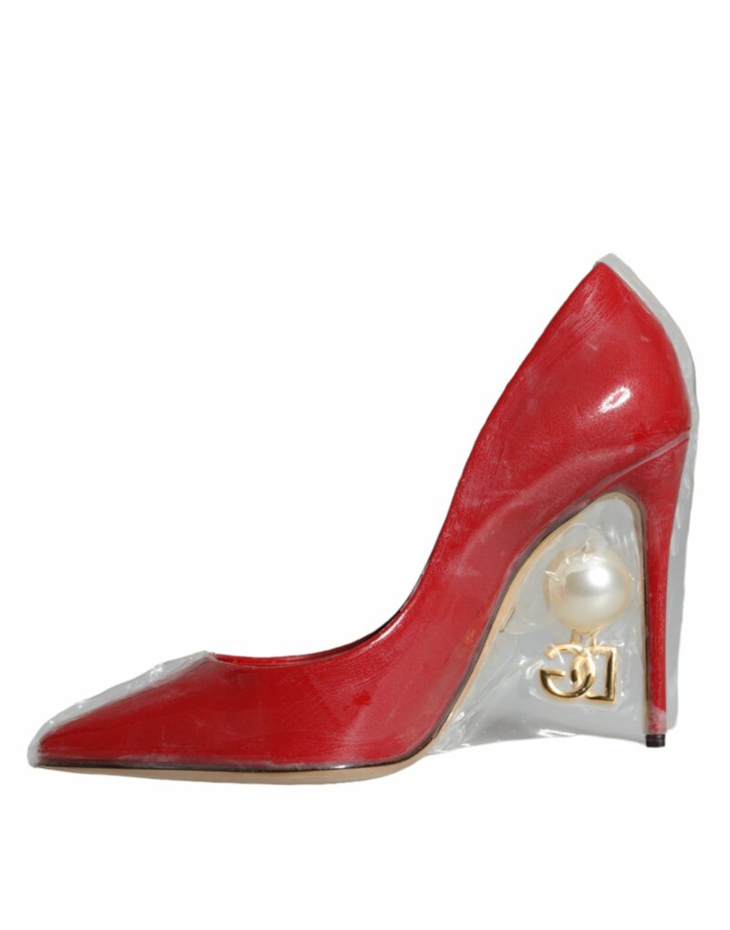 Dolce & Gabbana Red Patent Leather Faux Pearl Heels Pumps Shoes - Image 4