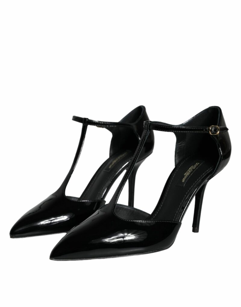 Dolce & Gabbana Black Leather T-strap Stiletto High Heels Shoes - Image 3