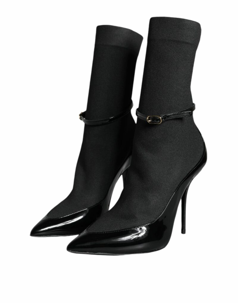 Dolce & Gabbana Black Leather Stilettos Booties Socks Shoes - Image 3