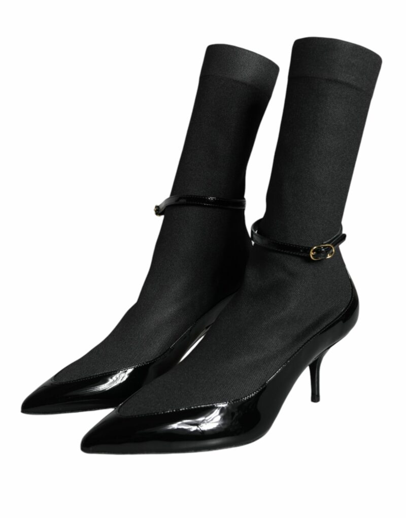 Dolce & Gabbana Black Leather Stilettos Booties Socks Shoes - Image 3
