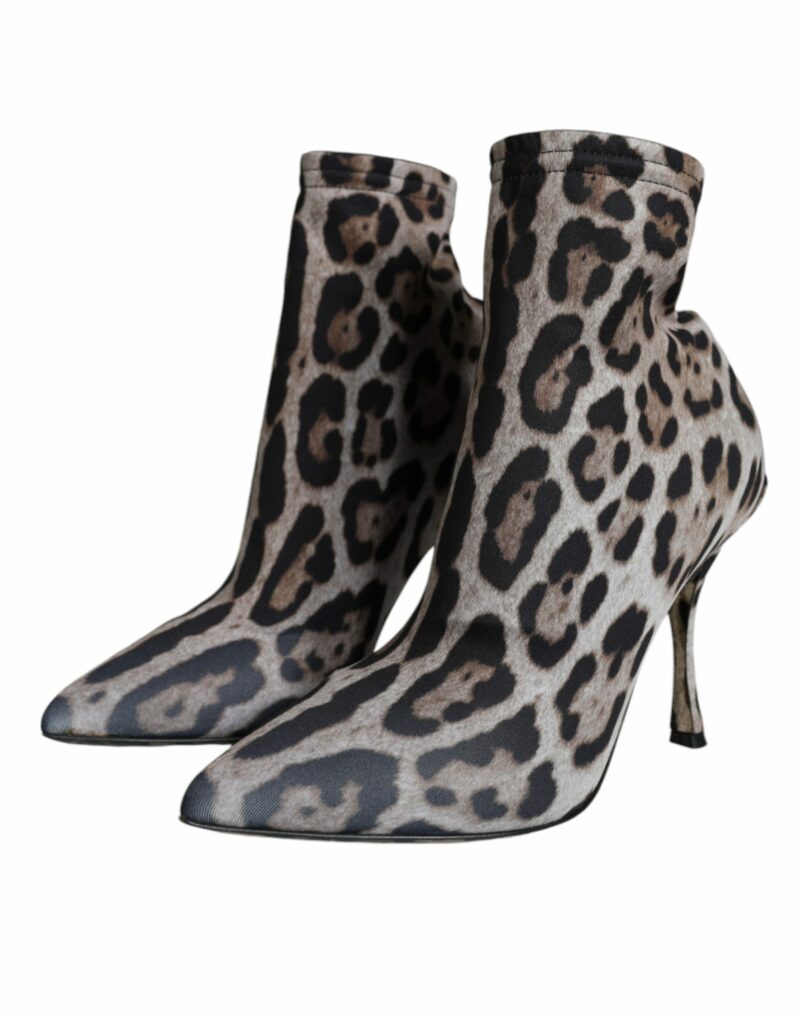 Dolce & Gabbana Gray Leopard Stretch Heels Ankle Boots Shoes - Image 3