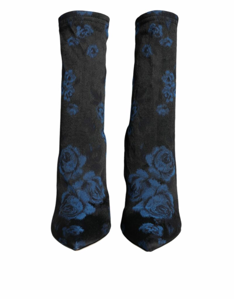 Dolce & Gabbana Black Floral Stretch Mid Calf Boots Shoes - Image 2