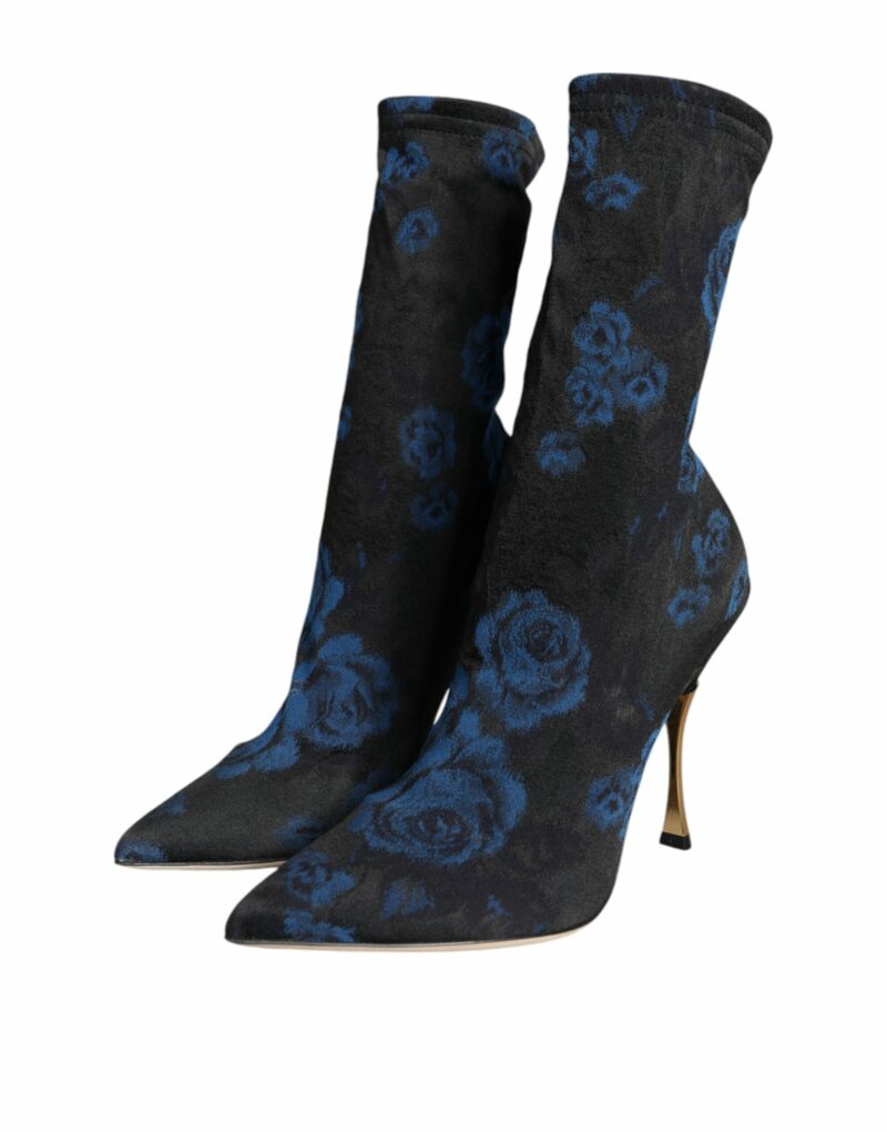 Dolce & Gabbana Black Floral Stretch Mid Calf Boots Shoes - Image 3